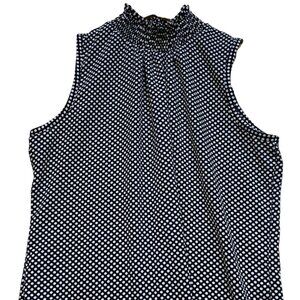 Ny Invasion Women's Smock Neck Top Sleeveless Size M Navy Blue White Polka Dot
